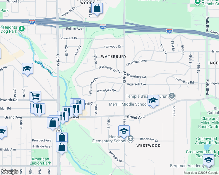 map of restaurants, bars, coffee shops, grocery stores, and more near 5701 Waterbury Road in Des Moines