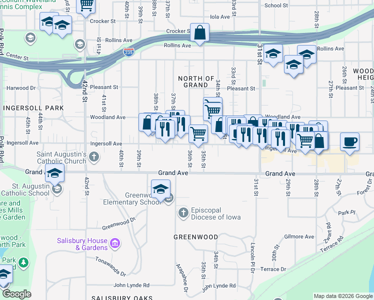 map of restaurants, bars, coffee shops, grocery stores, and more near 3612 Ingersoll Avenue in Des Moines