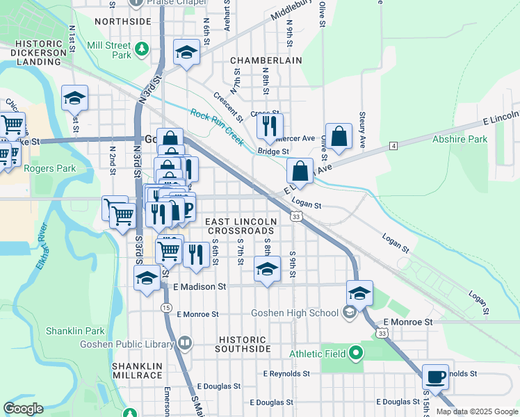 map of restaurants, bars, coffee shops, grocery stores, and more near 109 South 8th Street in Goshen