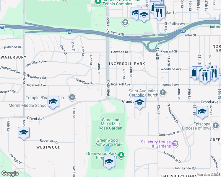 map of restaurants, bars, coffee shops, grocery stores, and more near 533 Polk Boulevard in Des Moines