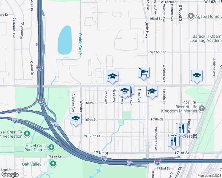 map of restaurants, bars, coffee shops, grocery stores, and more near 2201 167th Street in Hazel Crest