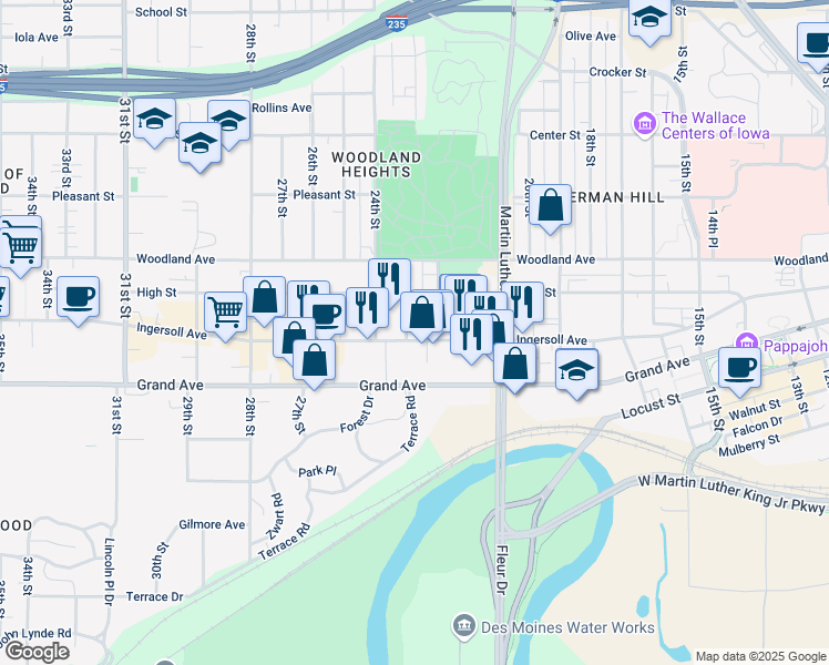 map of restaurants, bars, coffee shops, grocery stores, and more near 2219 Ingersoll Avenue in Des Moines