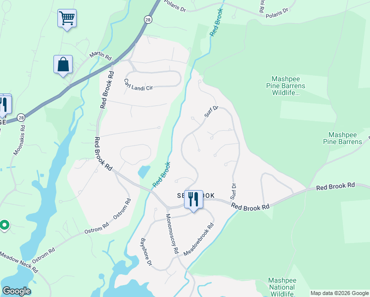 map of restaurants, bars, coffee shops, grocery stores, and more near 190 Surf Drive in Mashpee