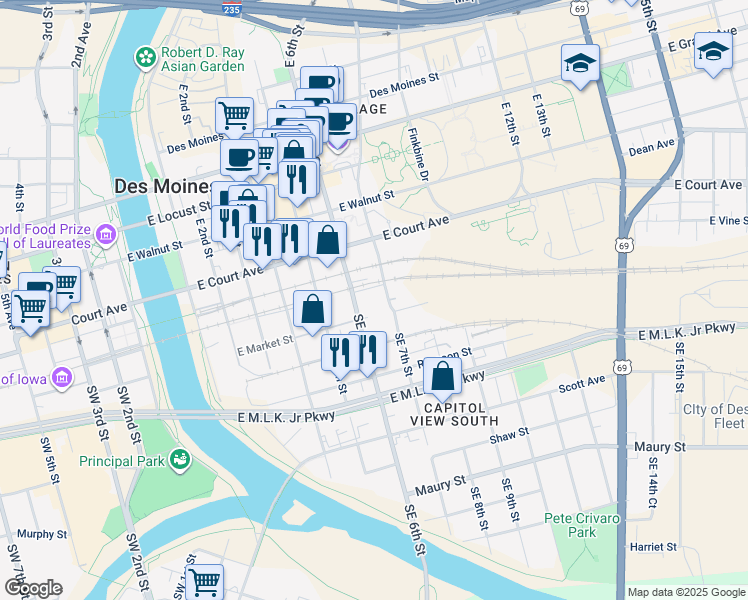 map of restaurants, bars, coffee shops, grocery stores, and more near 601 East Vine Street in Des Moines