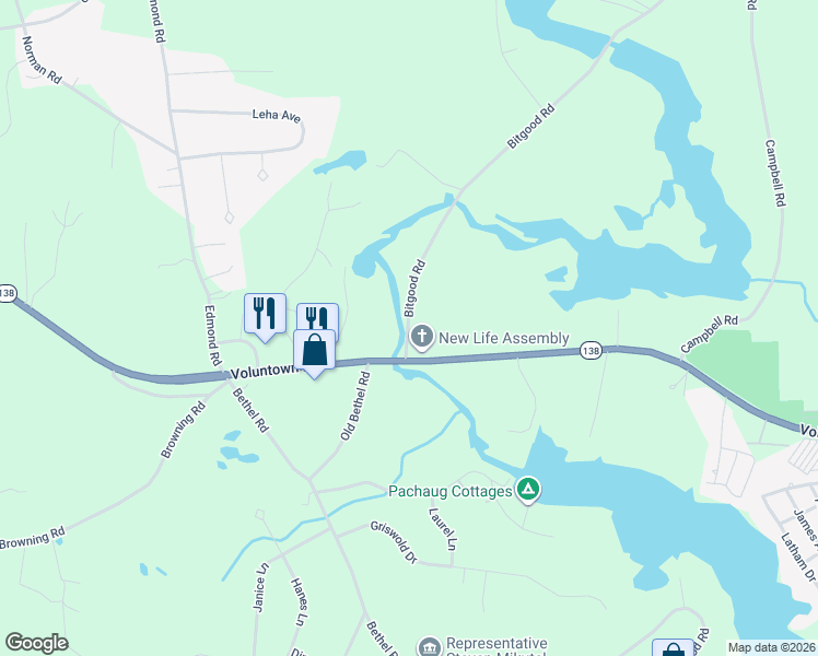 map of restaurants, bars, coffee shops, grocery stores, and more near 2-56 Bitgood Road in Griswold