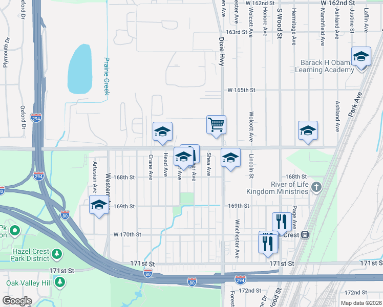 map of restaurants, bars, coffee shops, grocery stores, and more near 2033 167th Street in Hazel Crest