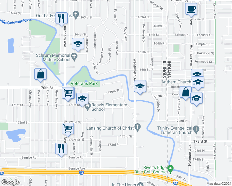 map of restaurants, bars, coffee shops, grocery stores, and more near 3461 East 170th Street in Lansing