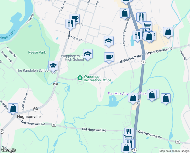 map of restaurants, bars, coffee shops, grocery stores, and more near 30 Middlebush Rd in Wappingers Falls
