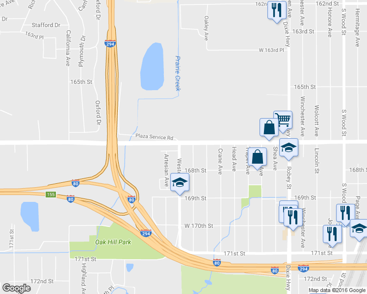 map of restaurants, bars, coffee shops, grocery stores, and more near 16703 Western Avenue in Hazel Crest