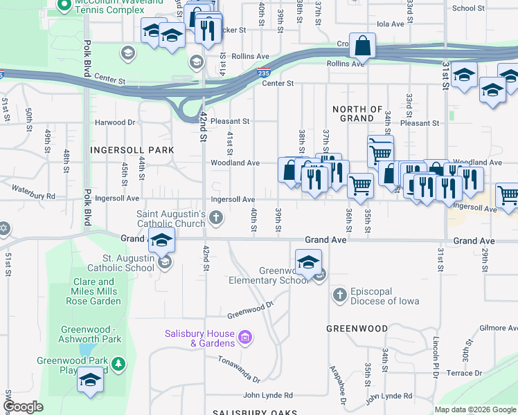 map of restaurants, bars, coffee shops, grocery stores, and more near 3940 Ingersoll Avenue in Des Moines