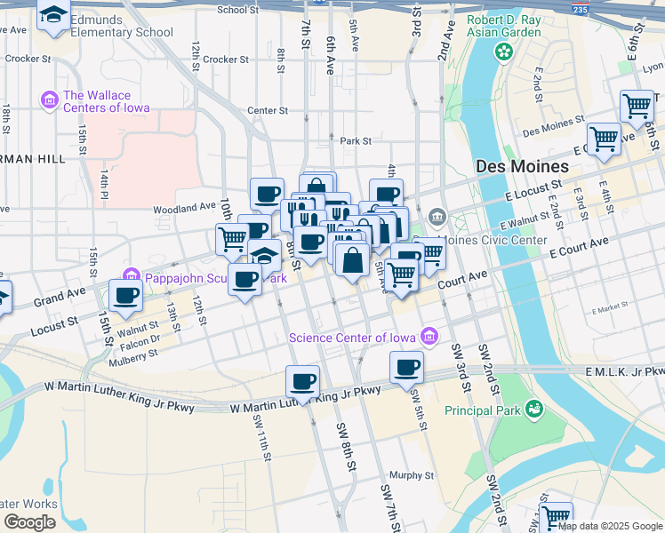 map of restaurants, bars, coffee shops, grocery stores, and more near 699 Walnut Street in Des Moines