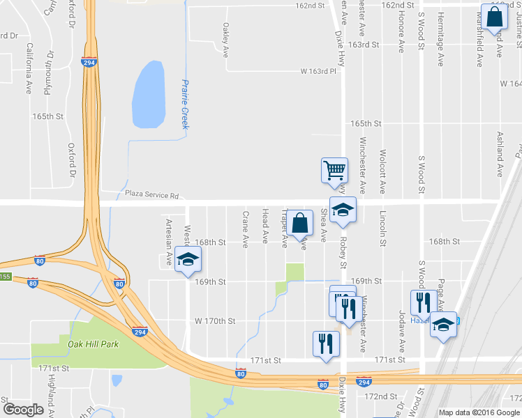 map of restaurants, bars, coffee shops, grocery stores, and more near 2201 167th Street in Hazel Crest