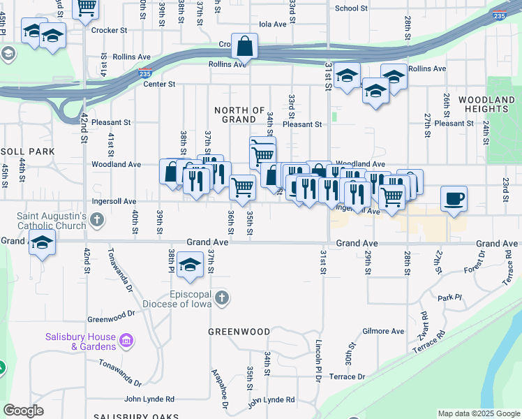map of restaurants, bars, coffee shops, grocery stores, and more near 3404 Ingersoll Avenue in Des Moines