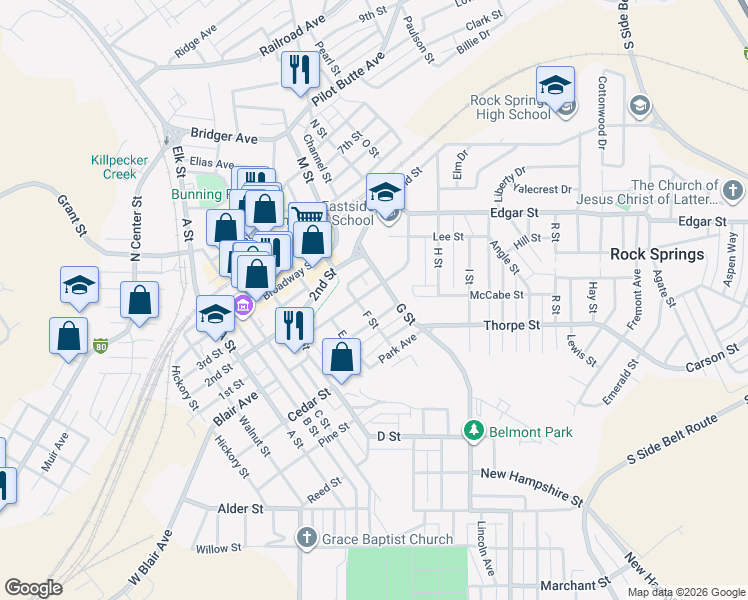 map of restaurants, bars, coffee shops, grocery stores, and more near 710 Gobel St in Rock Springs