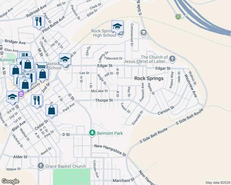 map of restaurants, bars, coffee shops, grocery stores, and more near 1314 McCabe St in Rock Springs