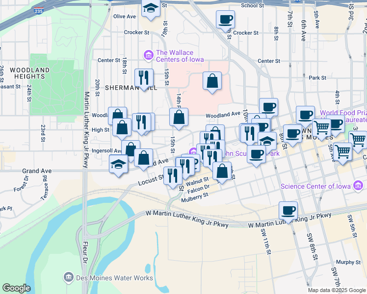 map of restaurants, bars, coffee shops, grocery stores, and more near 1459 Grand Avenue in Des Moines
