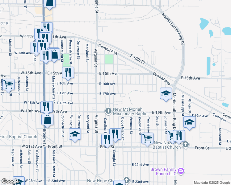 map of restaurants, bars, coffee shops, grocery stores, and more near 1651 Georgia Street in Gary