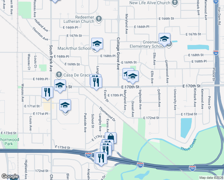 map of restaurants, bars, coffee shops, grocery stores, and more near 739 East 170th Place in South Holland