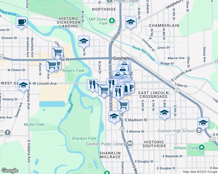 map of restaurants, bars, coffee shops, grocery stores, and more near 105 South 3rd Street in Goshen