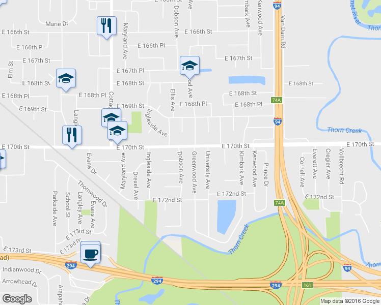 map of restaurants, bars, coffee shops, grocery stores, and more near 17006 Greenwood Avenue in South Holland