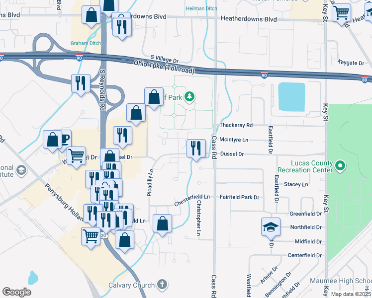 map of restaurants, bars, coffee shops, grocery stores, and more near 342 Wrexham Lane in Maumee