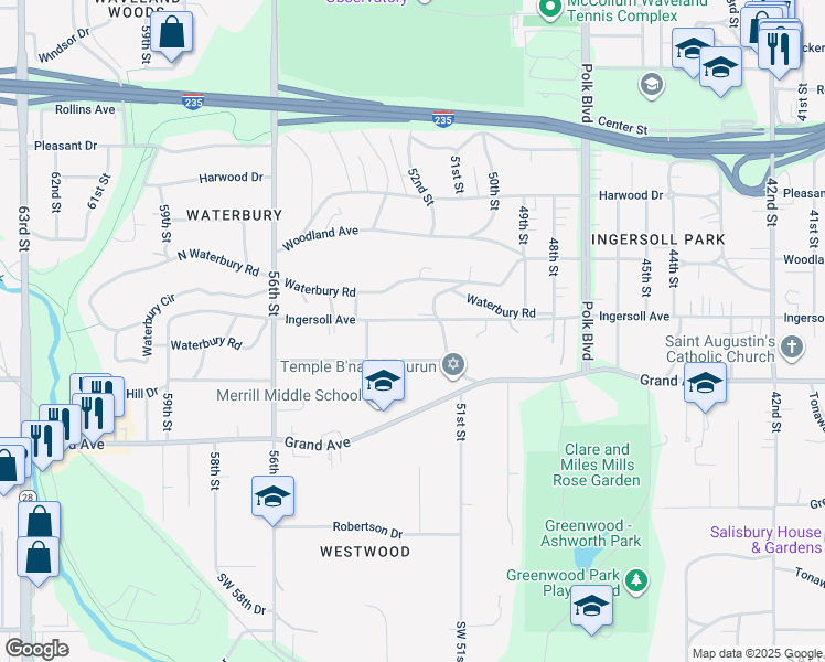map of restaurants, bars, coffee shops, grocery stores, and more near 5128 Ingersoll Avenue in Des Moines