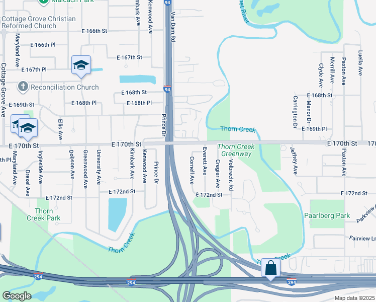 map of restaurants, bars, coffee shops, grocery stores, and more near 17016 Cornell Avenue in South Holland