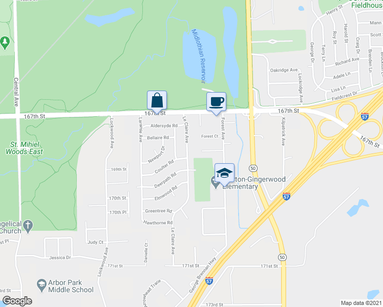 map of restaurants, bars, coffee shops, grocery stores, and more near 16825 Le Claire Avenue in Oak Forest