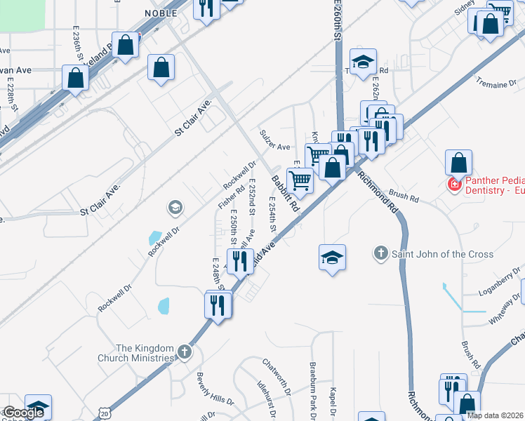 map of restaurants, bars, coffee shops, grocery stores, and more near 1552 East 254th Street in Euclid