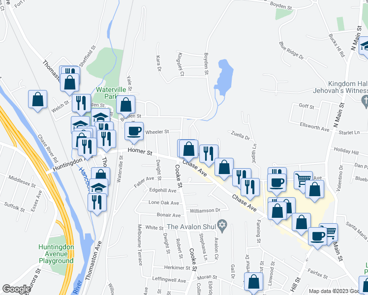 map of restaurants, bars, coffee shops, grocery stores, and more near 1035 Cooke Street in Waterbury