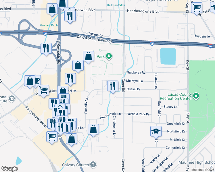 map of restaurants, bars, coffee shops, grocery stores, and more near 342 Wrexham Lane in Maumee