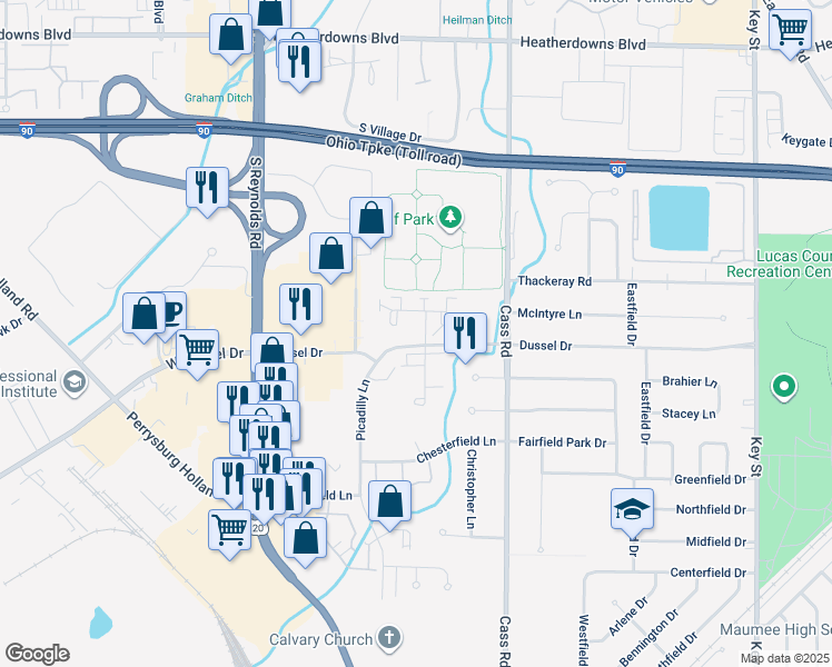 map of restaurants, bars, coffee shops, grocery stores, and more near 342 Wrexham Lane in Maumee