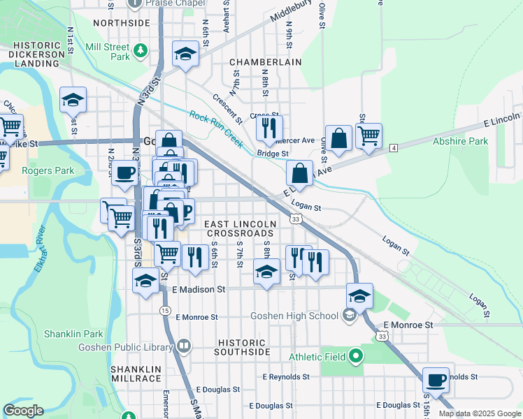 map of restaurants, bars, coffee shops, grocery stores, and more near 109 South 8th Street in Goshen