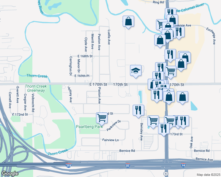 map of restaurants, bars, coffee shops, grocery stores, and more near 2045 East 170th Street in South Holland