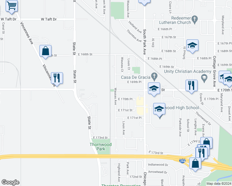 map of restaurants, bars, coffee shops, grocery stores, and more near 17002 Wausau Avenue in South Holland