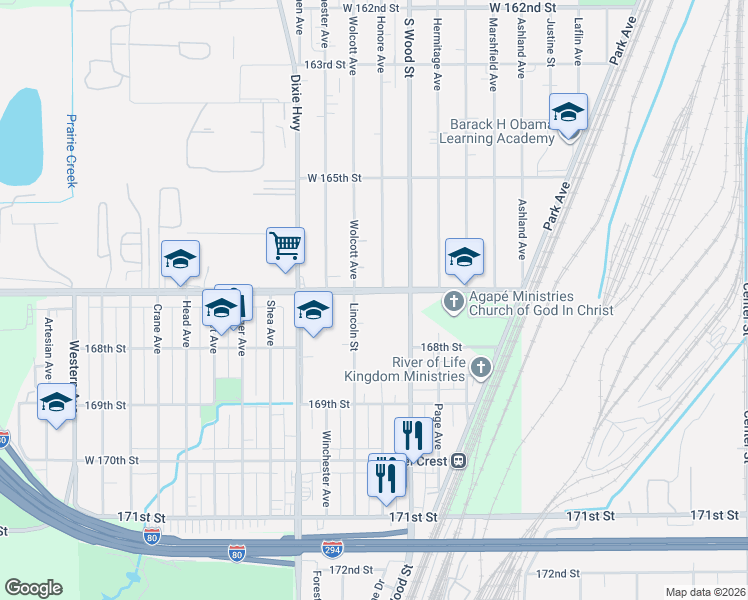 map of restaurants, bars, coffee shops, grocery stores, and more near 16703 Lincoln Street in Hazel Crest