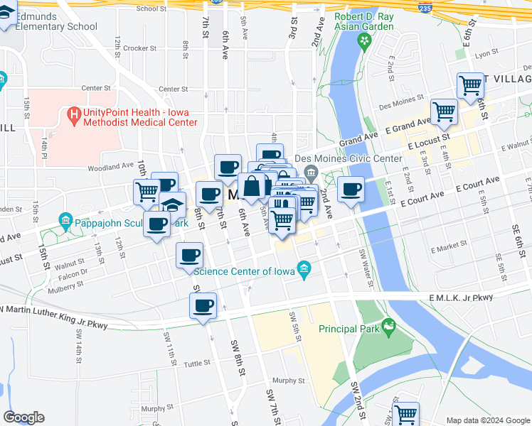 map of restaurants, bars, coffee shops, grocery stores, and more near 400 Walnut Street in Des Moines