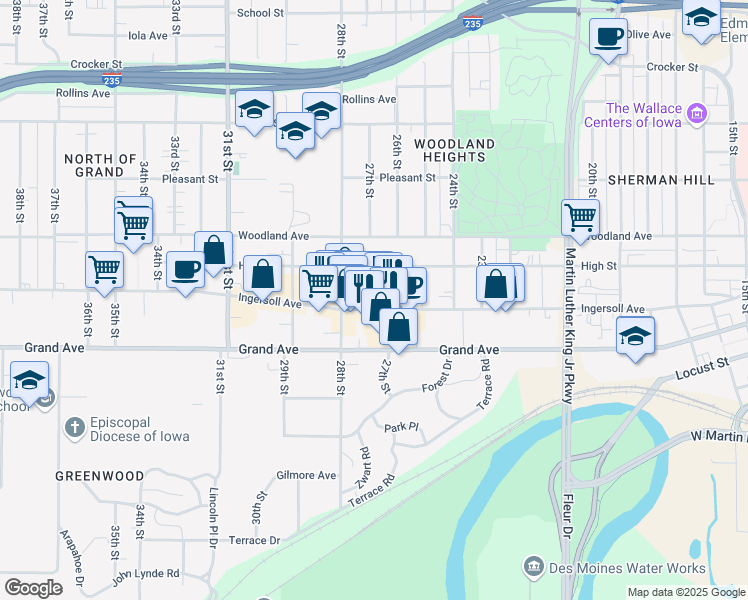 map of restaurants, bars, coffee shops, grocery stores, and more near 2615 Ingersoll Avenue in Des Moines