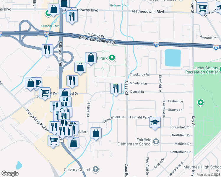 map of restaurants, bars, coffee shops, grocery stores, and more near 342 Wrexham Lane in Maumee