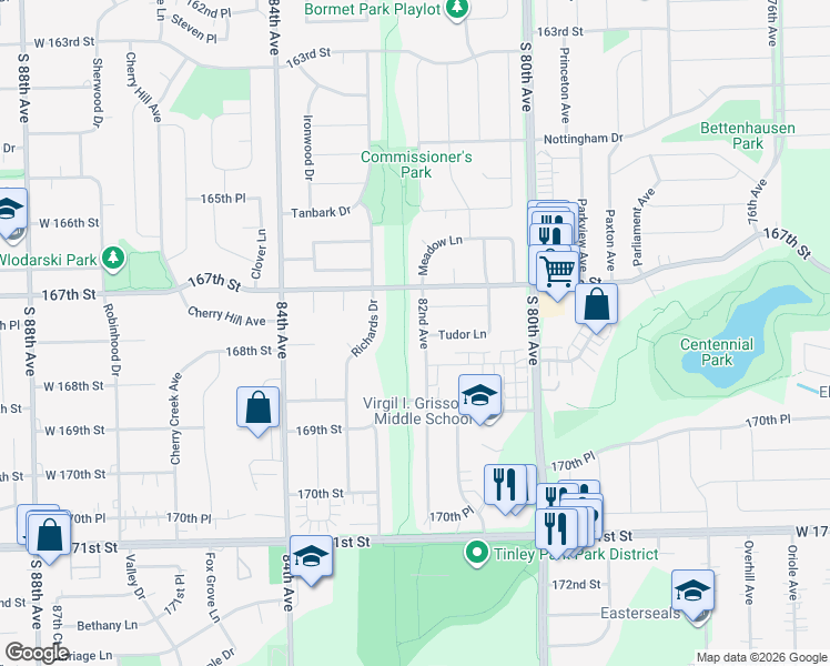 map of restaurants, bars, coffee shops, grocery stores, and more near 16736 82nd Avenue in Tinley Park