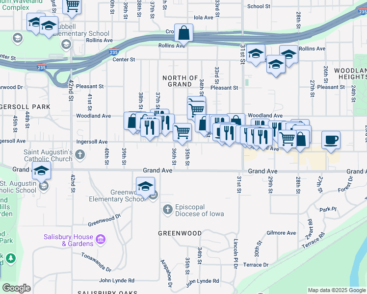 map of restaurants, bars, coffee shops, grocery stores, and more near 536 35th Street in Des Moines