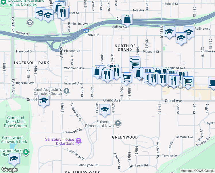 map of restaurants, bars, coffee shops, grocery stores, and more near 3714 Ingersoll Avenue in Des Moines