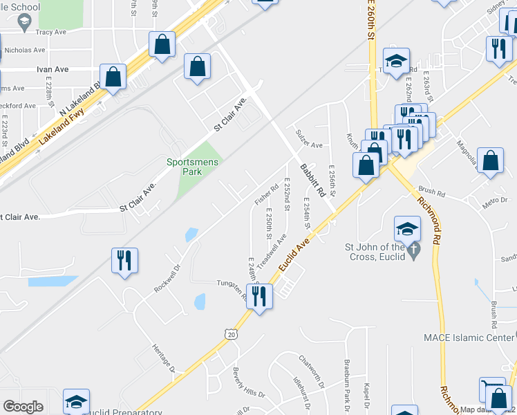 map of restaurants, bars, coffee shops, grocery stores, and more near 24830 Fisher Road in Euclid