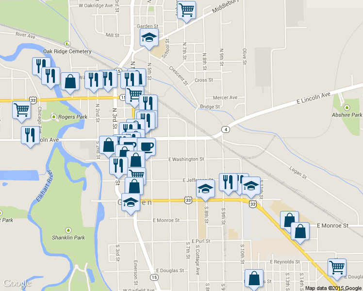 map of restaurants, bars, coffee shops, grocery stores, and more near 107 South 7th Street in Goshen