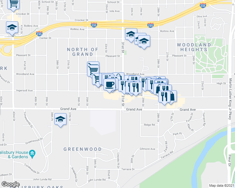map of restaurants, bars, coffee shops, grocery stores, and more near 3116 Ingersoll Avenue in Des Moines