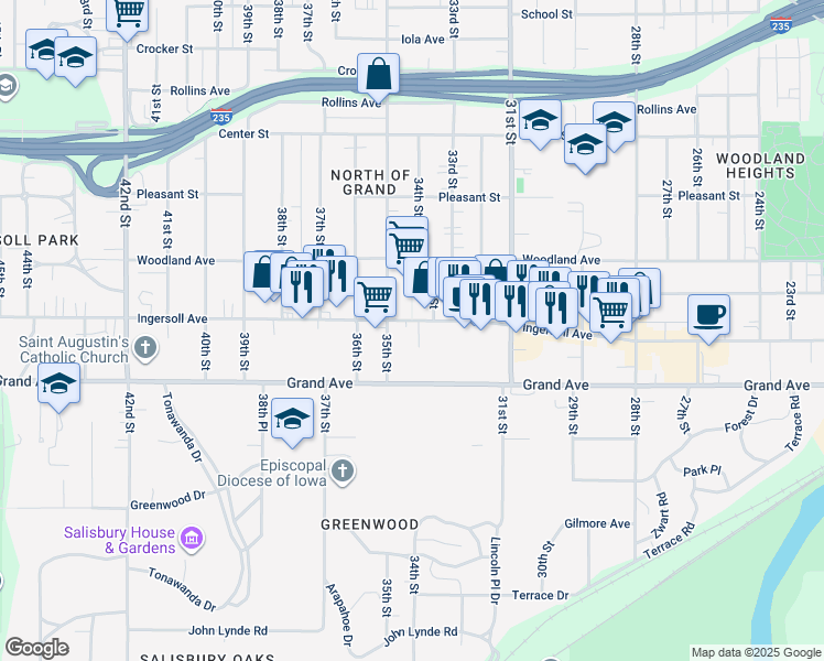 map of restaurants, bars, coffee shops, grocery stores, and more near 3404 Ingersoll Avenue in Des Moines