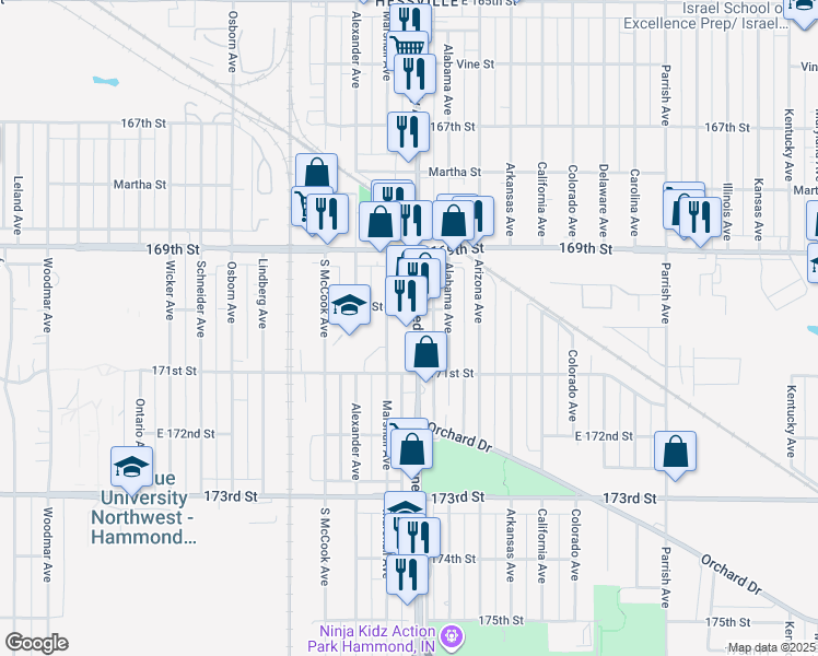 map of restaurants, bars, coffee shops, grocery stores, and more near 7018 Kennedy Avenue in Hammond