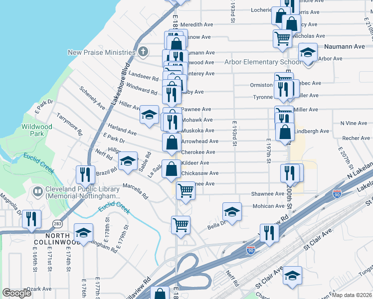 map of restaurants, bars, coffee shops, grocery stores, and more near 18519 Cherokee Avenue in Cleveland