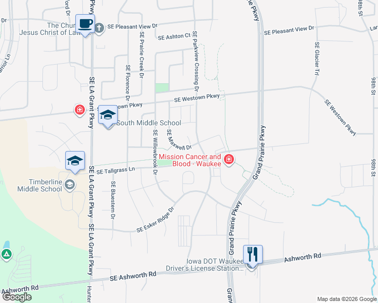 map of restaurants, bars, coffee shops, grocery stores, and more near 670 Southeast Maxwell Drive in Waukee