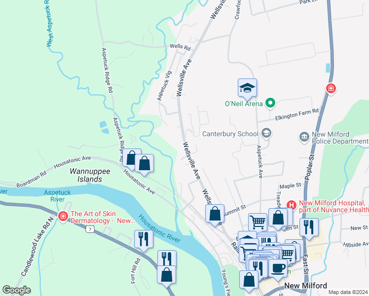 map of restaurants, bars, coffee shops, grocery stores, and more near 151 Wellsville Avenue in New Milford